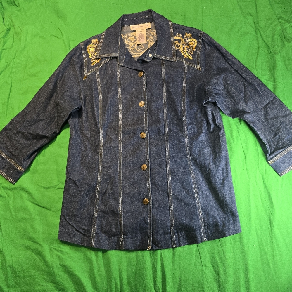 Susan Graver Women Denim Embroidery Western Shirt Size XS